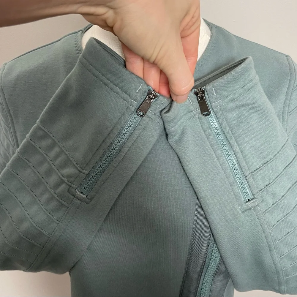 Athleta Moto Jacket Sweatshirt Knit Fleece Lined Zipper Pockets Minimalist Green